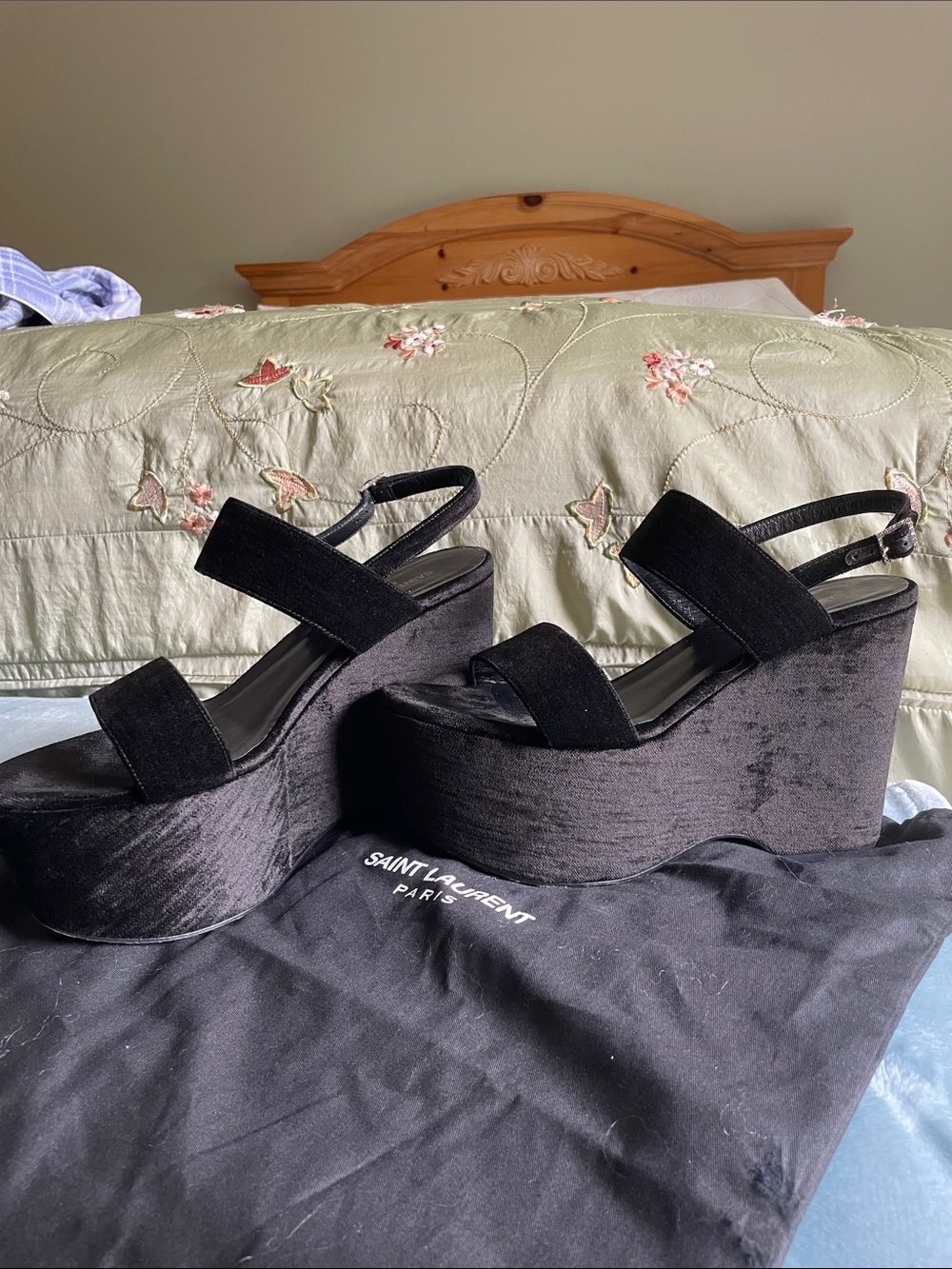 Saint Laurent Black Velvet Platform Wedge Sandals
